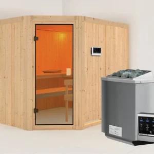 Sauna Horna met gebronsde glazen deur + 9 kW Bio-Combi-kachel met ext. besturing Laatste Versie