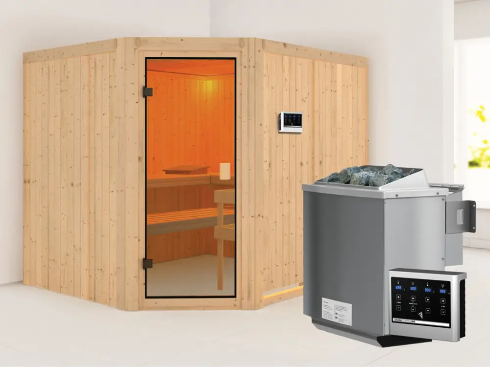 Sauna Horna met gebronsde glazen deur + 9 kW Bio-Combi-kachel met ext. besturing Laatste Versie