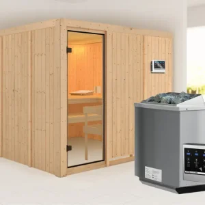 Sauna Arvika met gebronsde glazen deur + 9 kW Bio-Combi-kachel met ext. besturing Finale Uitverkoop