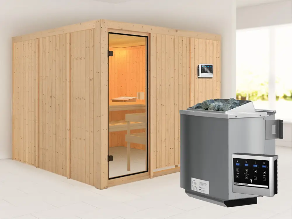 Sauna Arvika met gebronsde glazen deur + 9 kW Bio-Combi-kachel met ext. besturing Finale Uitverkoop