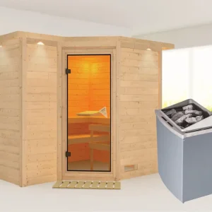 Snelle Levering Massieve sauna Sahib 2 met dakkraag, kompleet transparente gebronsde glazen deur, incl. 9kW kachel