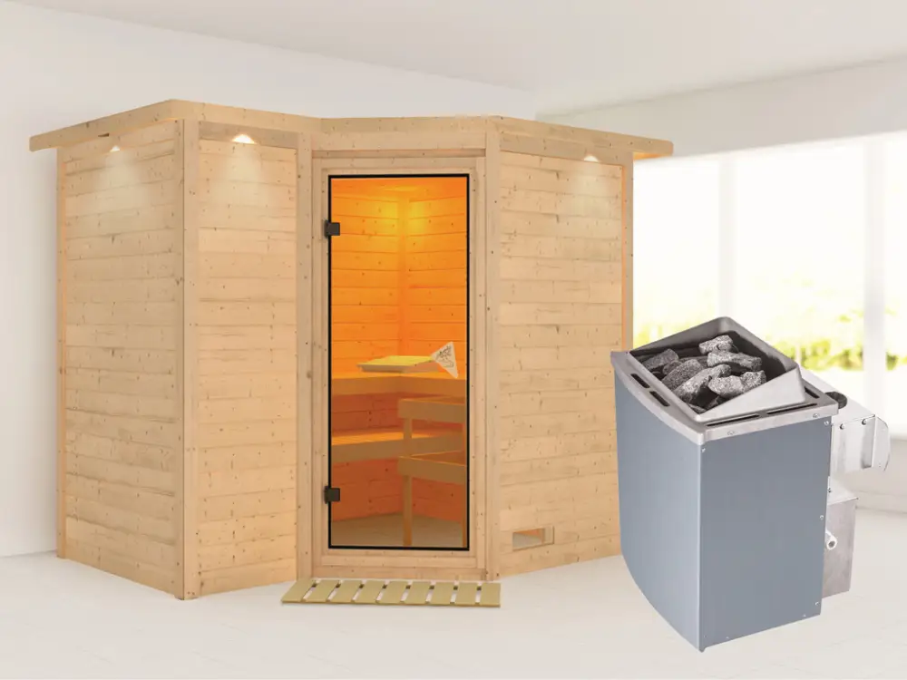 Snelle Levering Massieve sauna Sahib 2 met dakkraag, kompleet transparente gebronsde glazen deur, incl. 9kW kachel