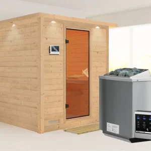 Finale Uitverkoop Massieve sauna Mojave met dakkraag, kompleet transparente gebronsde glazen deur, incl.9kW Bio-kachel