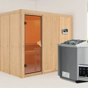 Systeemsauna Gobin kompleet transparente gebronsde glazen deur, incl. 9kW Bio-Combi-kachel Koopje