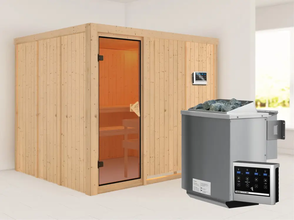 Systeemsauna Gobin kompleet transparente gebronsde glazen deur, incl. 9kW Bio-Combi-kachel Koopje