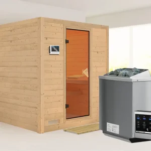 Alleen Vandaag Massieve sauna Mojave kompleet transparente gebronsde glazen deur incl.9kW Bio-kachel ext. besturing
