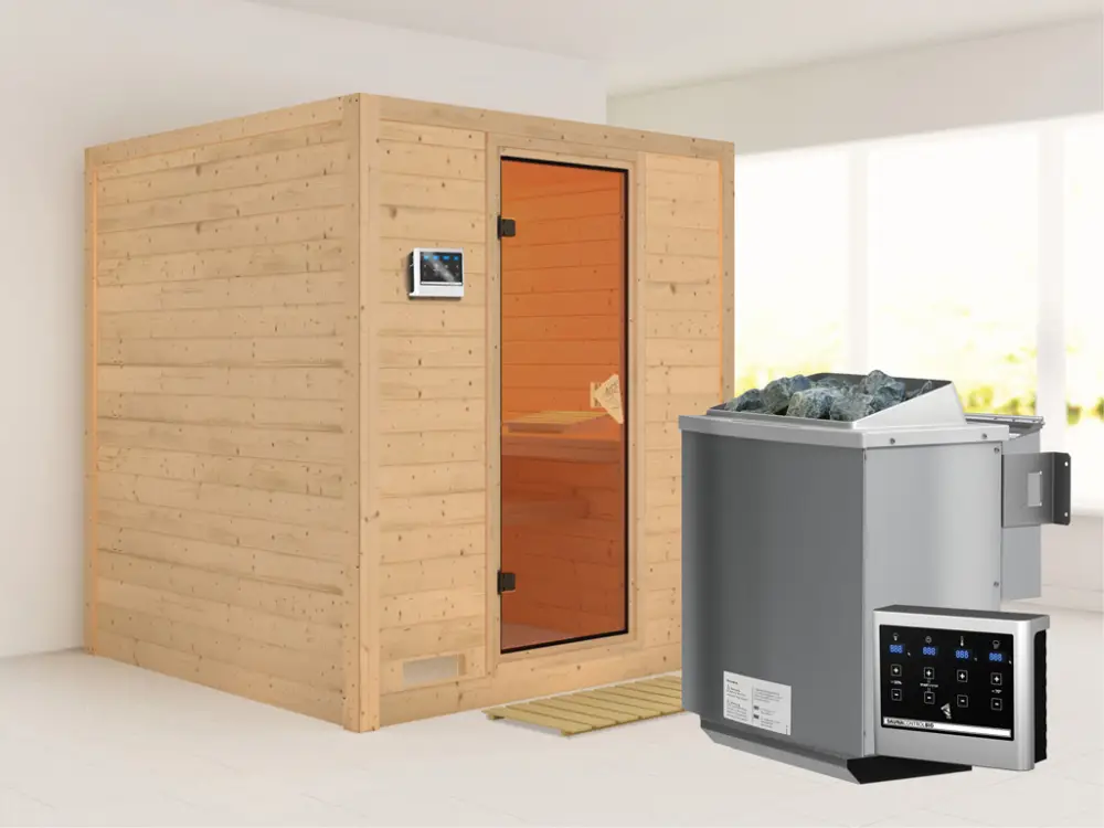 Alleen Vandaag Massieve sauna Mojave kompleet transparente gebronsde glazen deur incl.9kW Bio-kachel ext. besturing