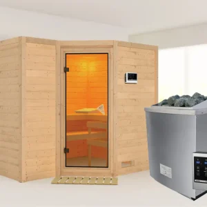 Massieve sauna Sahib 2 kompleet transparente gebronsde glazen deur, incl. 9 kW kachel ext. besturing Hoge Kwaliteit