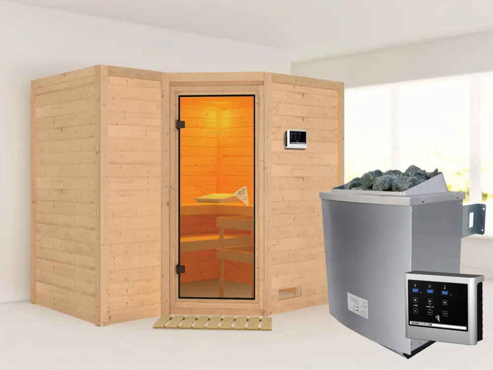 Massieve sauna Sahib 2 kompleet transparente gebronsde glazen deur, incl. 9 kW kachel ext. besturing Hoge Kwaliteit