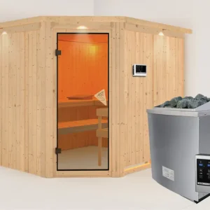 Uitverkoop Systeemsauna Malin met dakkraag, kompleet transparente gebronsde glazen deur, incl. 9kW saunakachel