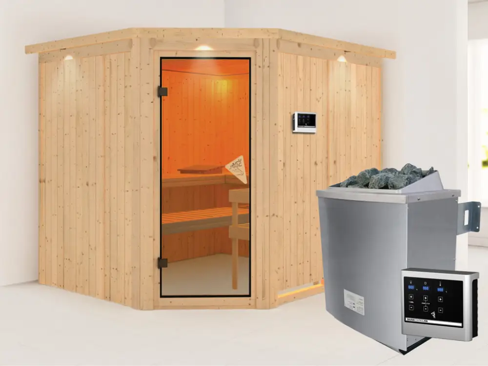 Uitverkoop Systeemsauna Malin met dakkraag, kompleet transparente gebronsde glazen deur, incl. 9kW saunakachel