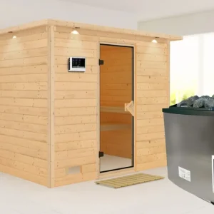 Massieve sauna Sonara met dakkraag, kompleet transparente gebronsde glazen deur, incl. 9kW kachel Merkproduct