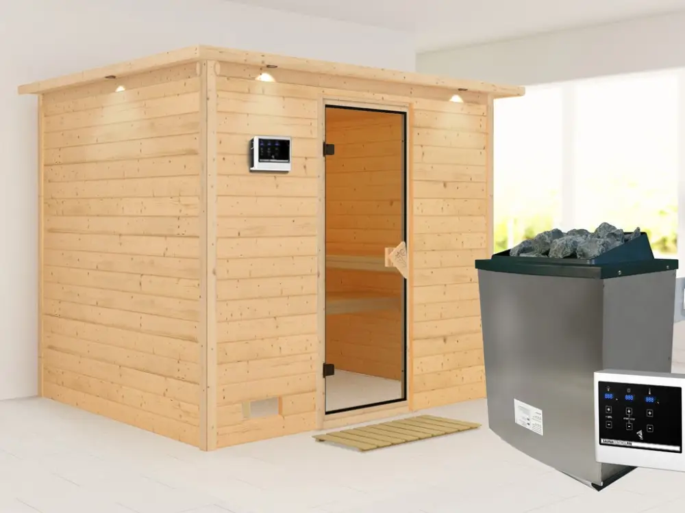 Massieve sauna Sonara met dakkraag, kompleet transparente gebronsde glazen deur, incl. 9kW kachel Merkproduct