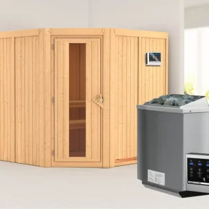 Weekendaanbieding Systeemsauna Jarin houten deur met geïsoleerd glas, incl. 9 kW Bio-Combi-kachel ext. besturing
