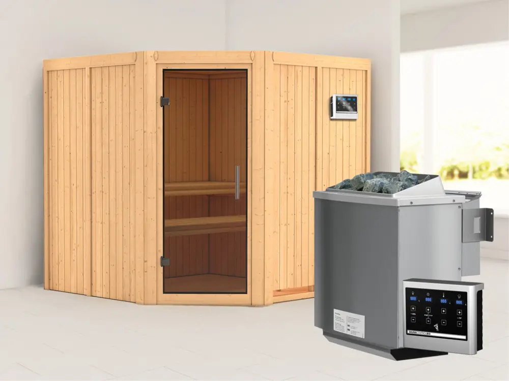 Systeemsauna Jarin grafiet glazen deur, incl. 9 kW Bio-Combi-kachel ext. besturing Actieprijs