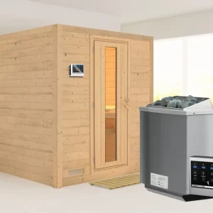 Gereduceerde Prijs Massieve sauna Mojave houten deur met geïsoleerd glas, incl. 9 kW Bio-kachel ext. besturing