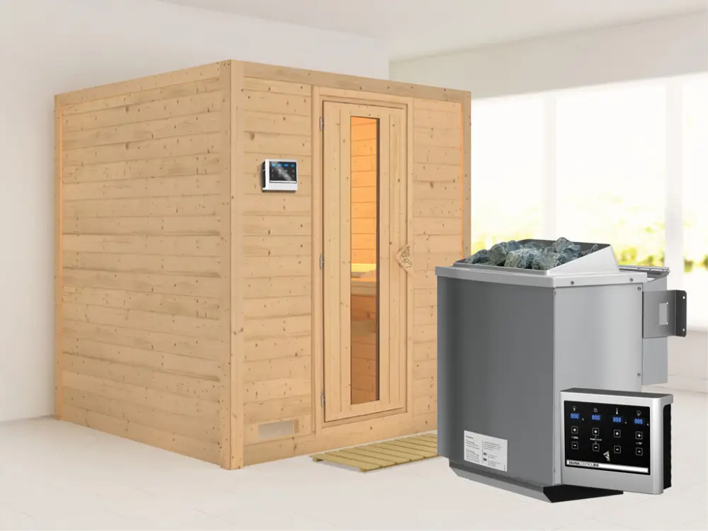 Gereduceerde Prijs Massieve sauna Mojave houten deur met geïsoleerd glas, incl. 9 kW Bio-kachel ext. besturing