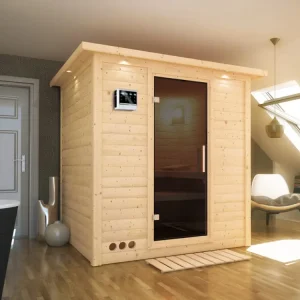 Massieve sauna Mojave met dakkraag, grafiet glazen deur, incl. 9 kW Bio-kachel ext. besturing Beperkt Aanbod