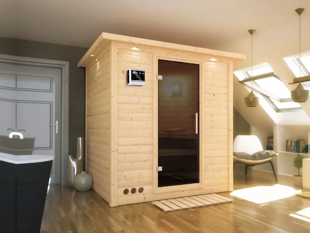 Massieve sauna Mojave met dakkraag, grafiet glazen deur, incl. 9 kW Bio-kachel ext. besturing Beperkt Aanbod