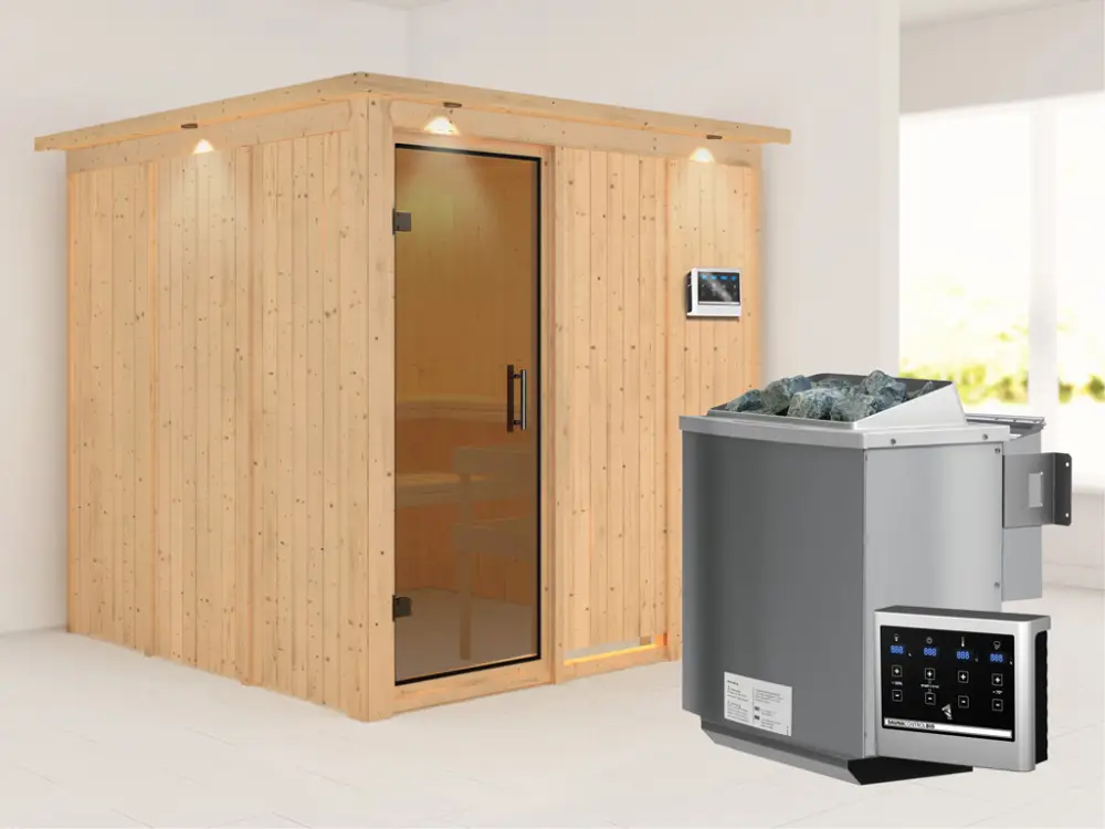 Beste Prijs Systeemsauna Rodin met dakkraag, grafiet glazen deur, incl. 9 kW Bio-Combi-kachel ext. besturing