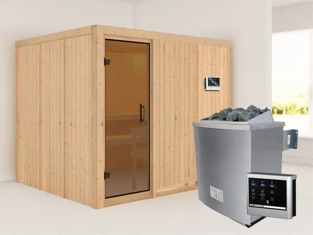 Systeemsauna Gobin grafiet glazen deur, incl. 9 kW saunakachel ext. besturing Laatste Kans
