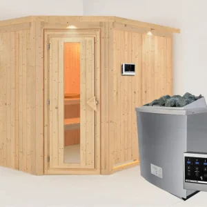 Systeemsauna Malin met dakkraag houten deur met geïsoleerd glas incl. 9kW saunakachel ext. besturing Korting