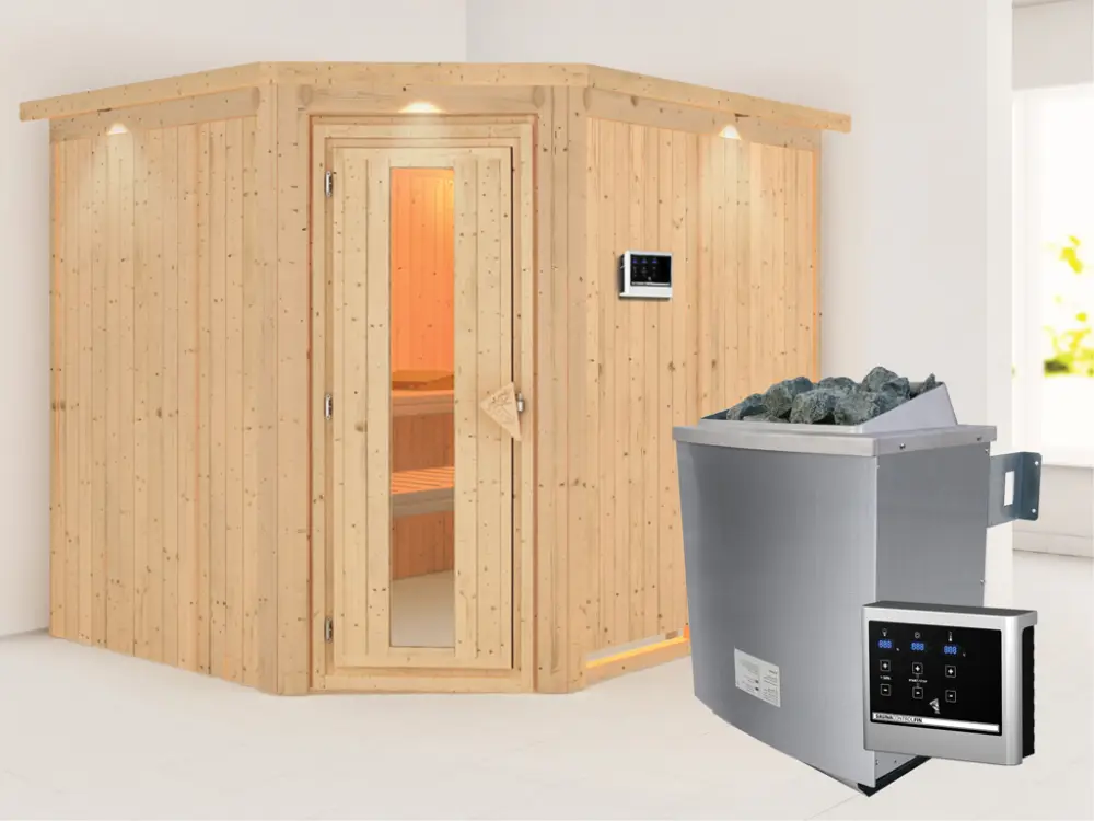 Systeemsauna Malin met dakkraag houten deur met geïsoleerd glas incl. 9kW saunakachel ext. besturing Korting