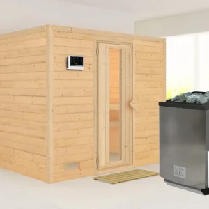 Massieve sauna Sonara houten deur met geïsoleerd glas, incl. 9 kW Bio-Combi-kachel ext. besturing Direct Verzonden