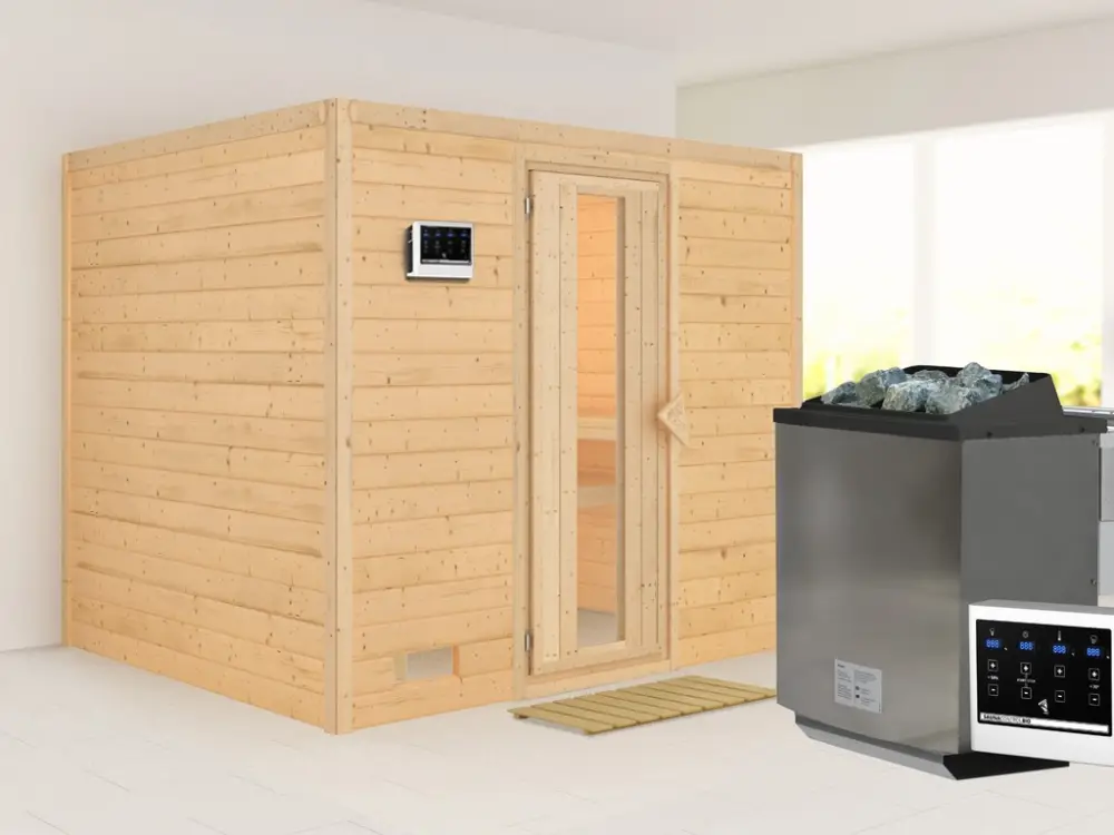 Massieve sauna Sonara houten deur met geïsoleerd glas, incl. 9 kW Bio-Combi-kachel ext. besturing Direct Verzonden