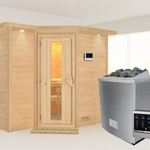 Veilige Betaling Massieve sauna Sahib 2 met dakkraag, houten deur met geïsoleerd glas, incl.9kW kachel ext. besturing