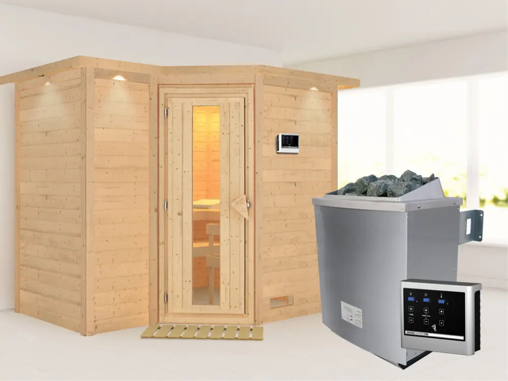 Veilige Betaling Massieve sauna Sahib 2 met dakkraag, houten deur met geïsoleerd glas, incl.9kW kachel ext. besturing