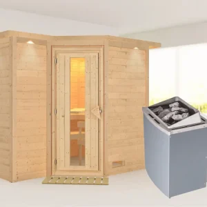 Laatste Kans Massieve sauna Sahib 2 met dakkraag, houten deur met geïsoleerd glas, incl.9kW kachel int. besturing