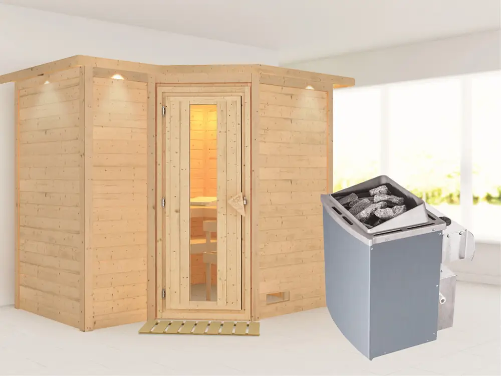 Laatste Kans Massieve sauna Sahib 2 met dakkraag, houten deur met geïsoleerd glas, incl.9kW kachel int. besturing