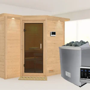 Aanbieding Massieve sauna Sahib 2 met dakkraag, grafiet glazen deur, incl. 9 kW saunakachel ext. besturing