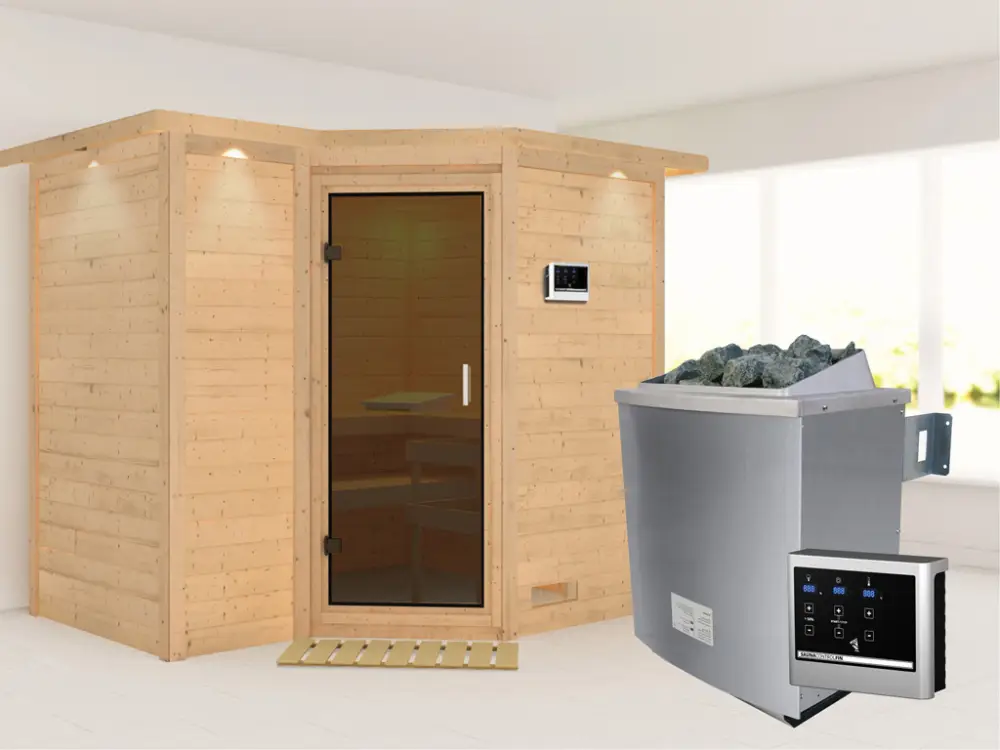 Aanbieding Massieve sauna Sahib 2 met dakkraag, grafiet glazen deur, incl. 9 kW saunakachel ext. besturing