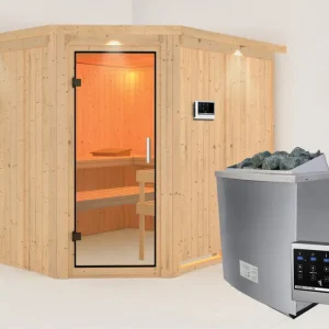 Koop Online Systeemsauna Malin met dakkraag, transparent glazen deur + 9 kW saunakachel met ext. besturing