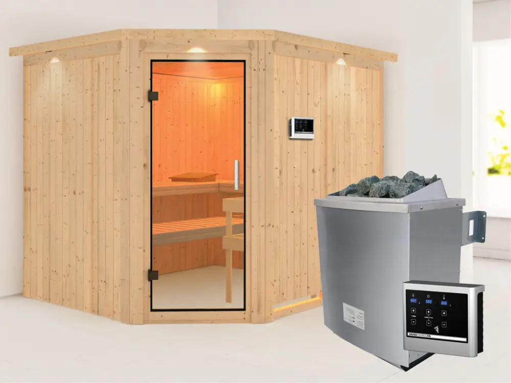 Koop Online Systeemsauna Malin met dakkraag, transparent glazen deur + 9 kW saunakachel met ext. besturing
