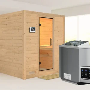 Massieve sauna Mojave transparent glazen deur + 9 kW Bio-Combi-kachel met ext.besturing Uitverkoop