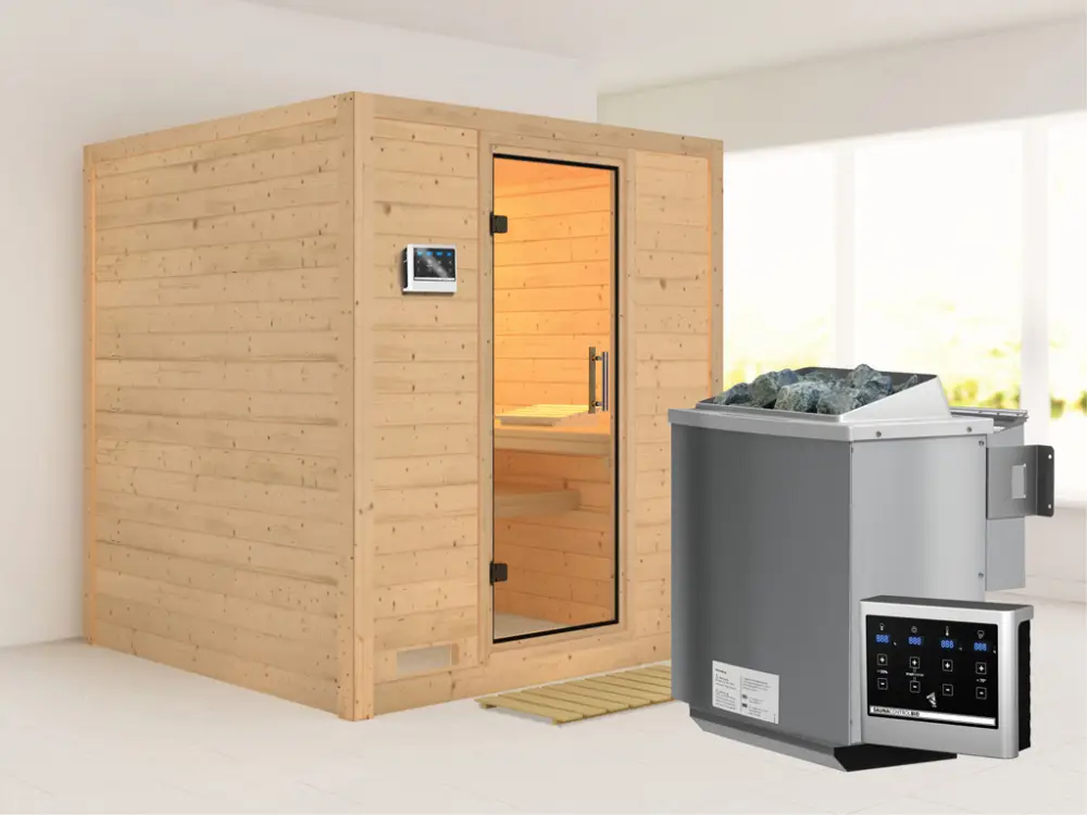 Massieve sauna Mojave transparent glazen deur + 9 kW Bio-Combi-kachel met ext.besturing Uitverkoop