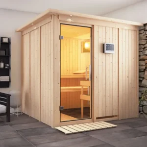 Systeemsauna Rodin met dakkraag, transparent glazen deur + 9 kW Bio-Combi-kachel met ext. besturing Koop Online