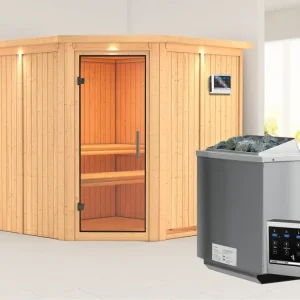 Systeemsauna Jarin met dakkraag, transparent glazen deur + 9 kW Bio-Combi-kachel met ext. besturing Rechtstreeks Van De Fabrikant