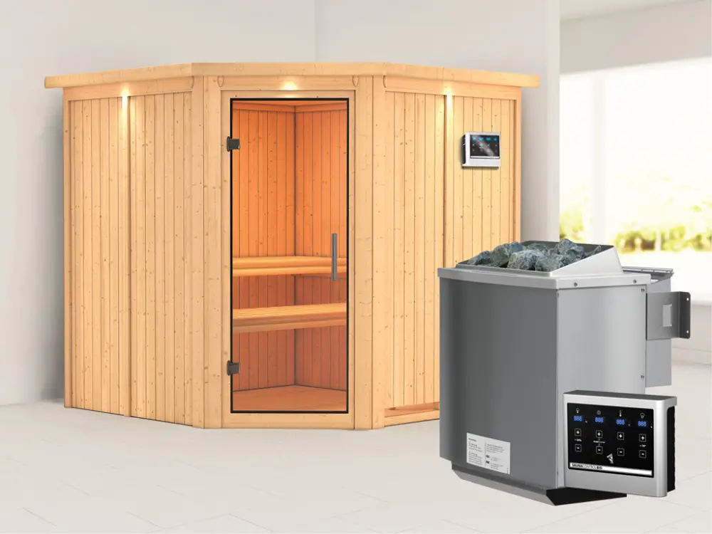 Systeemsauna Jarin met dakkraag, transparent glazen deur + 9 kW Bio-Combi-kachel met ext. besturing Rechtstreeks Van De Fabrikant