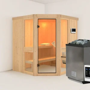Voordeelset sauna Amelia 2 met bio-combikachel en externe besturing, 9 kW Premium