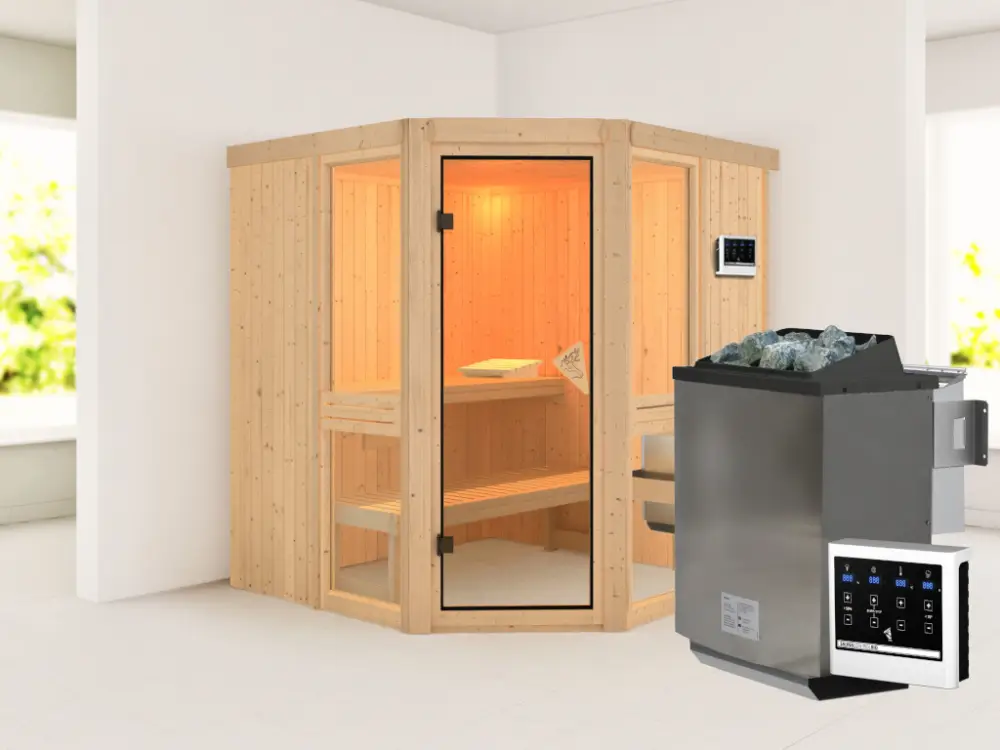 Voordeelset sauna Amelia 2 met bio-combikachel en externe besturing, 9 kW Premium