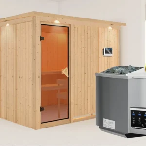 Systeemsauna Gobin met dakkraag kompleet transparente gebronsde glazen deur Nu Kopen