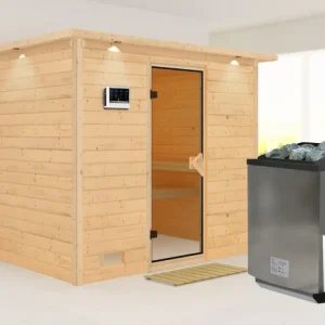 Op = Op Massieve sauna Sonara met dakkraag, kompleet transparente gebronsde glazen deur, incl.9kW Bio-kachel