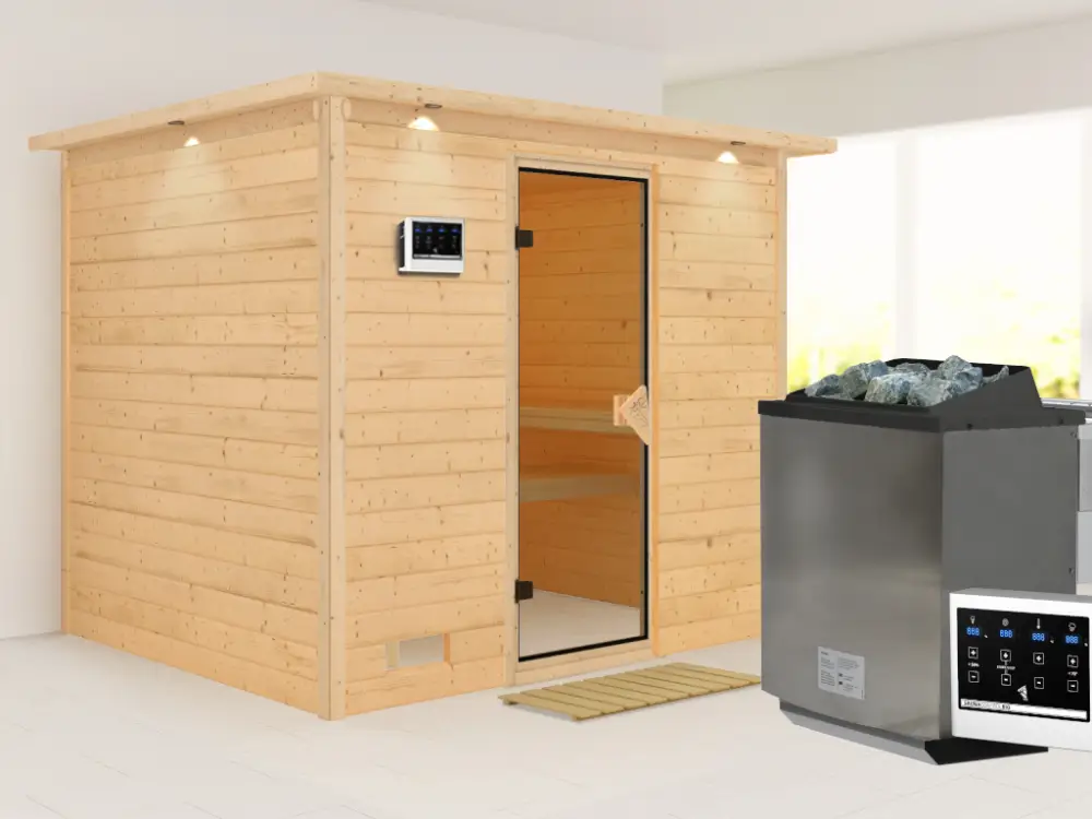 Op = Op Massieve sauna Sonara met dakkraag, kompleet transparente gebronsde glazen deur, incl.9kW Bio-kachel