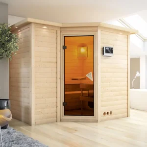 Massieve sauna Sahib 2 met dakkraag kompleet transparente gebronsde glazen deur incl. 9kW Bio-kachel Finale Uitverkoop