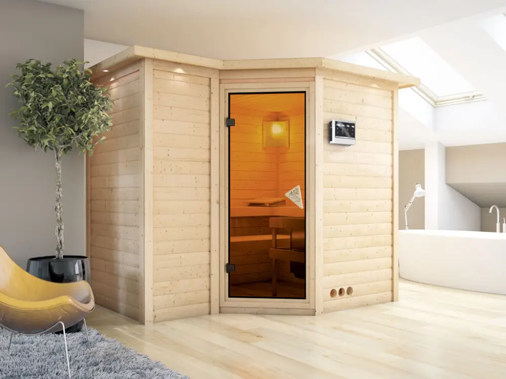 Massieve sauna Sahib 2 met dakkraag kompleet transparente gebronsde glazen deur incl. 9kW Bio-kachel Finale Uitverkoop