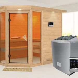Bestseller Massieve sauna Sinai 3 met dakkraag, incl. 9 kW saunakachel ext. besturing